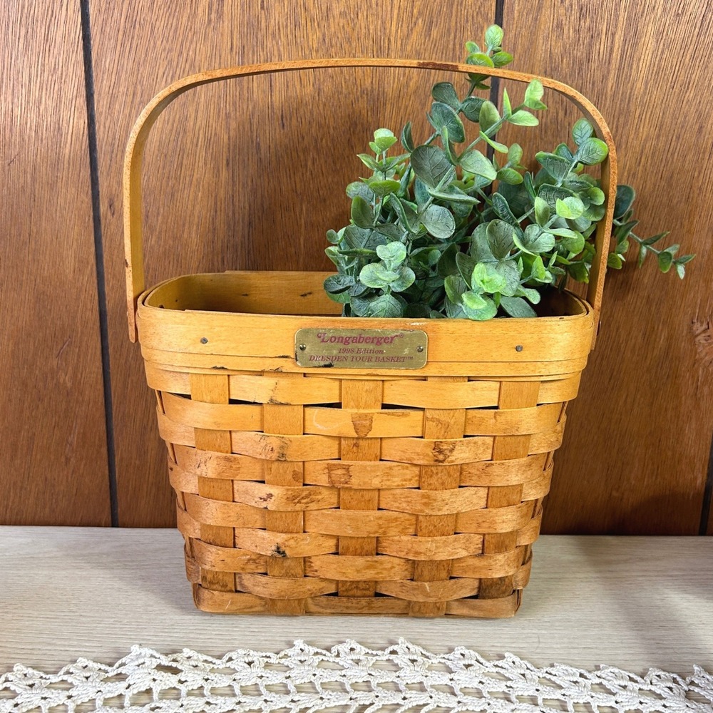 Longaberger 1998 Dresden Tour Basket Handwoven‎ Wood with Metal Tag and Handle